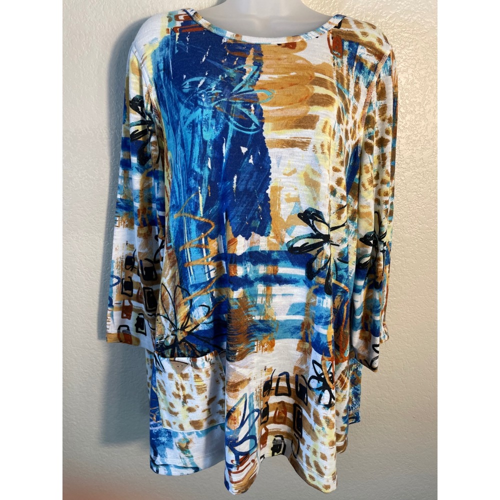Ali Miles Womens 0X US XL Tunic Top Blue Multi Abstract Print 3/4 Sleeve Artsy